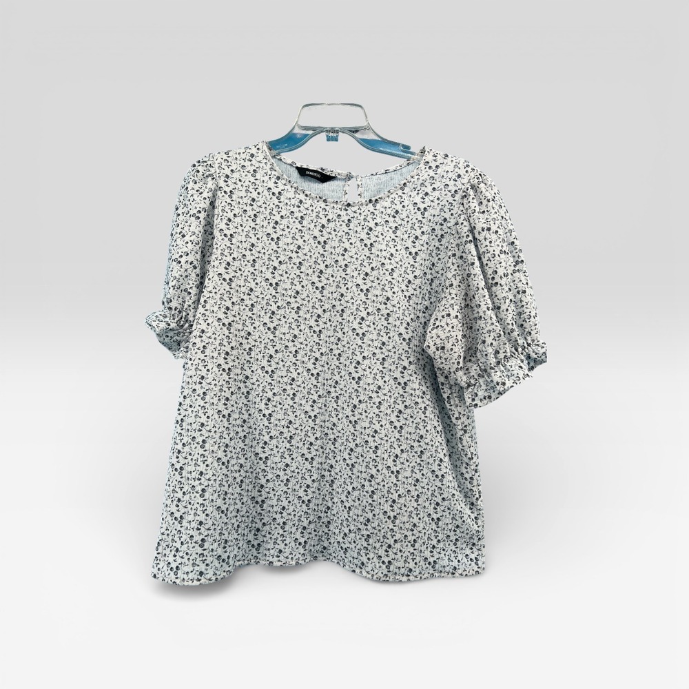 Dokotoo Womens Floral Puff Sleeve Blouse White‎ Black Ditsy Print Top Size M